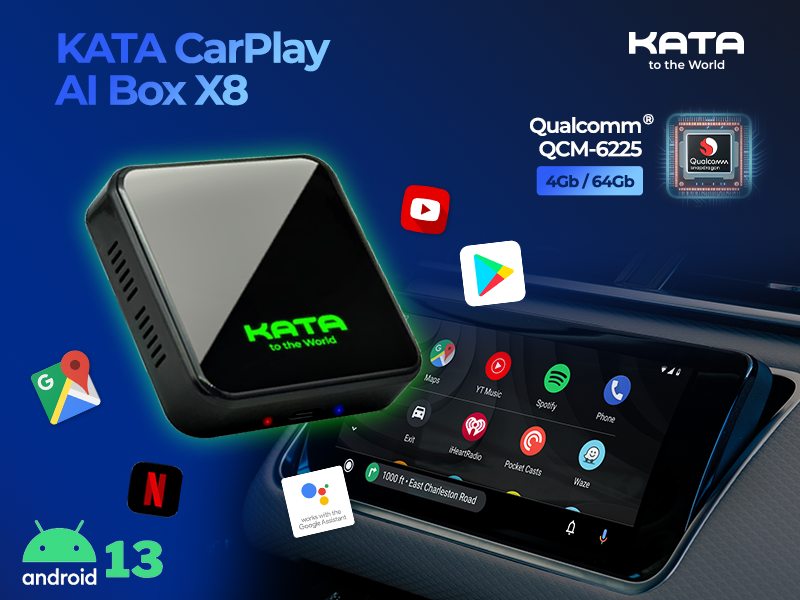 Bộ AI Box KATA X8  Hàng Chính Hãng, CPU 8 Nhân Qualcomm 6225, Android 13 dành cho ô tô
