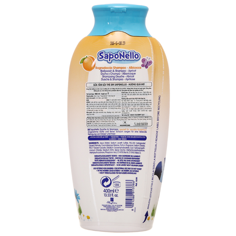 Sữa Tắm Gội Toàn Thân Trẻ Em Saponello - Hương Quả Mơ 400ml