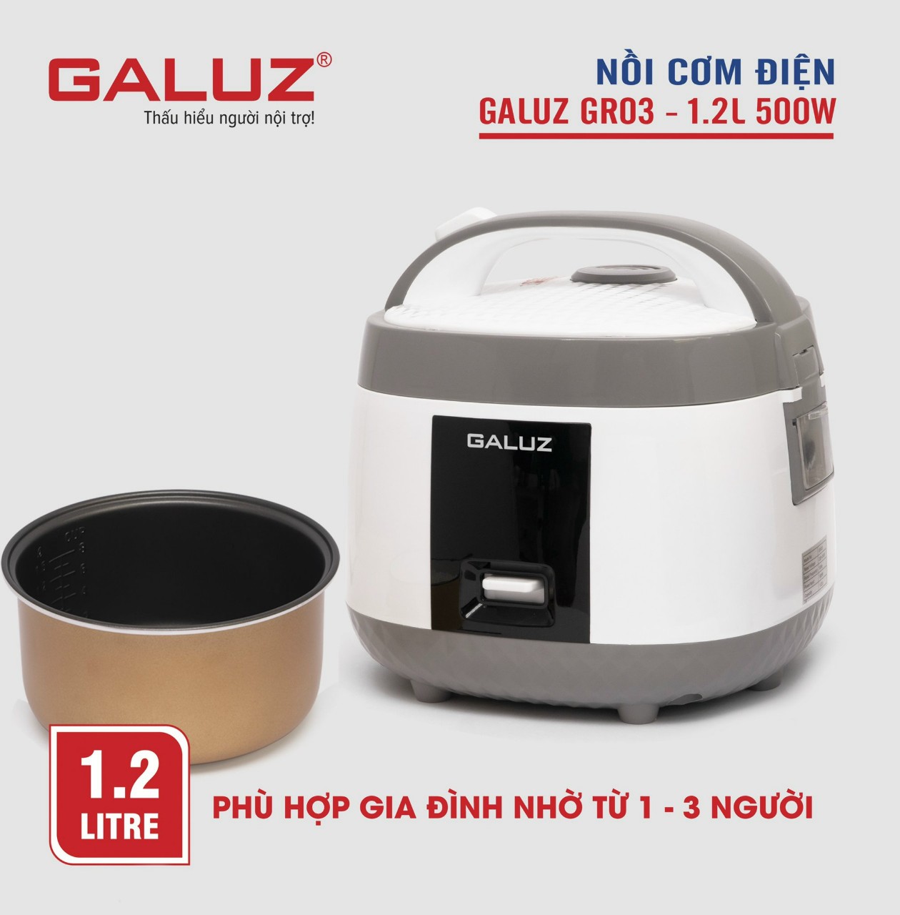 Nồi cơm điện Galuz GR 03, dung tích 1.2L, công suất 500W, nút điều khiển cơ, kiểu dáng sang trọng, quai xách liền, hàng chính hãng