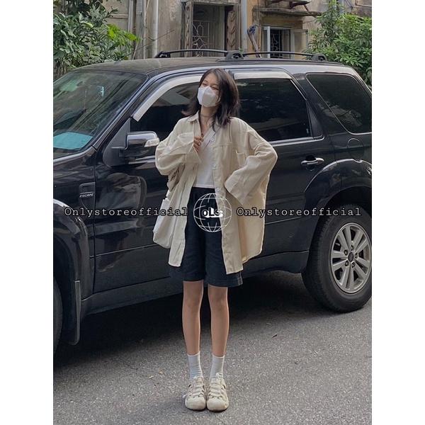 Áo sơ mi nhung be oversize siêu to khổng lồ