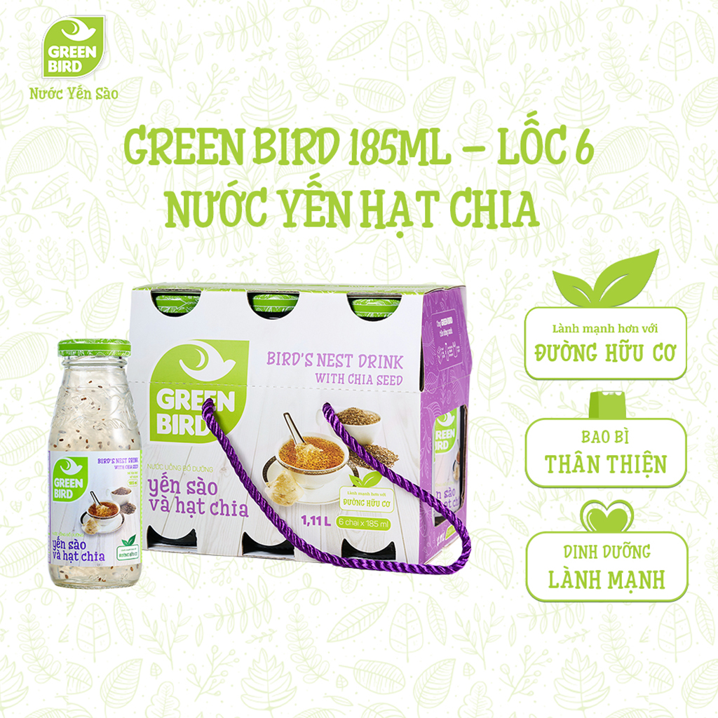 Nước Yến Và Hạt Chia Green Bird Thanh Mát Ngọt Nhẹ Chai 185ml – Lốc 6