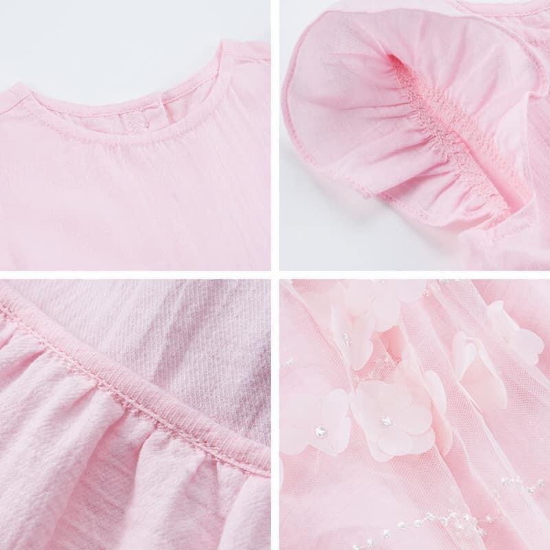 Váy bé gái kiểu công chúa vải đũi ren hồng đính hoa cao cấp