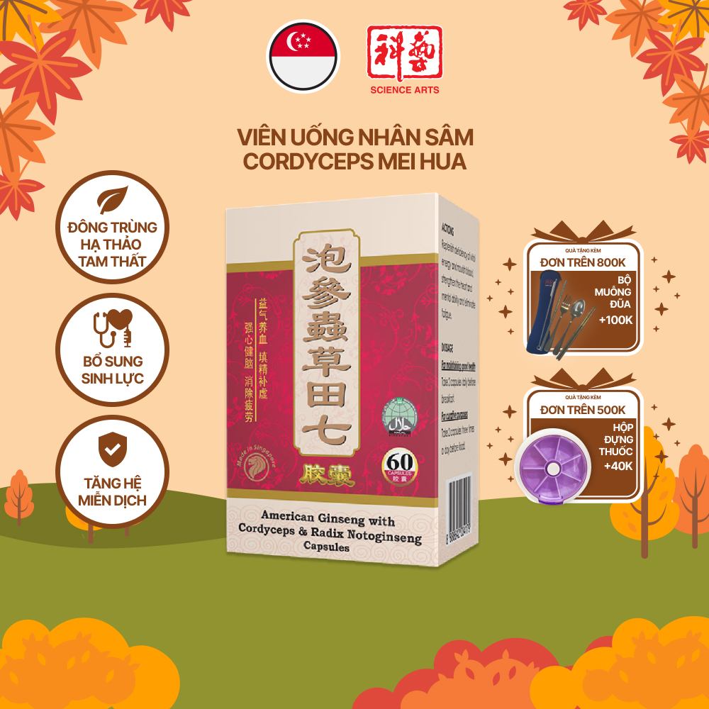 Viên Uống Nhân Sâm Hoa Kỳ Kết Hợp Đông Trùng Hạ Thảo Và Tam Thất Mei Hua Singapore Tăng Cường Hệ Miễn Dịch, Bổ Sung Sinh Lực, Điều Hòa Khí Huyết - Hộp 60 Viên