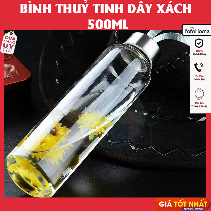 Bình Nước Thủy Tinh, Chai Detox Có Dây Xách 500ml Chai Thủy Tinh Đựng Nước 500ML - Nắp Thiếc Vặn Có Dây Treo (Bình Thủy Tinh Đựng Nước, Đựng Sữa - Chai Thủy Tinh Đựng Nước Ép)