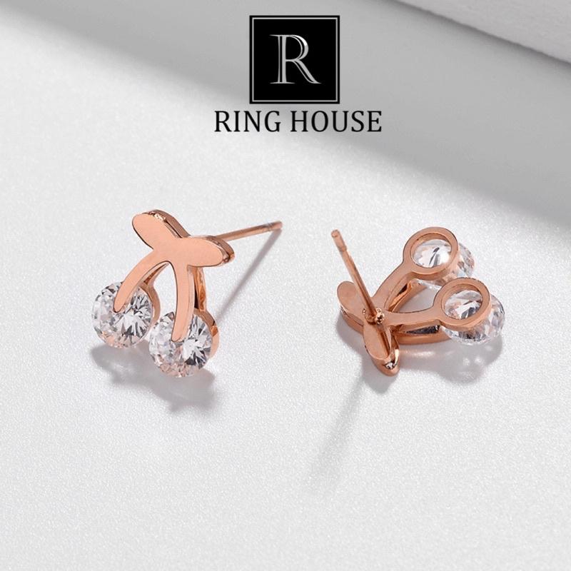 Khuyên Tai Bông Tai Nữ Cherry Xinh Titan Không Đen Đính Ngọc Ring House
