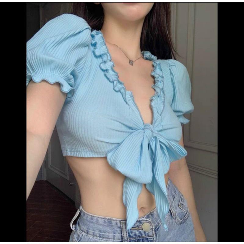 Áo croptop cổ viền bèo cột nơ quyến rũ