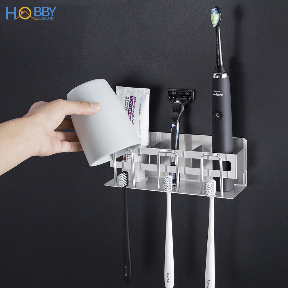 Kệ đựng bàn chải đánh răng 3 ngăn dán tường nhà tắm đa năng Hobby home decor CD4M loại inox 304 kèm keo dán dính