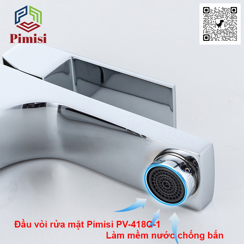 Vòi Rửa Mặt Pimisi PV-418C-1 Thân Vuông Nóng Lạnh Cho Chậu Rửa Lavabo 1 Lỗ Âm - Dương Mặt Bàn Đá Làm Từ Đồng Thau Sáng Bóng - Chỉnh Nước Bằng Gật Gù Nóng Lạnh Trong Nhà Tắm Với Đủ Phụ Kiện Xi Phông Và Dây Cấp Nước | Chính Hãng