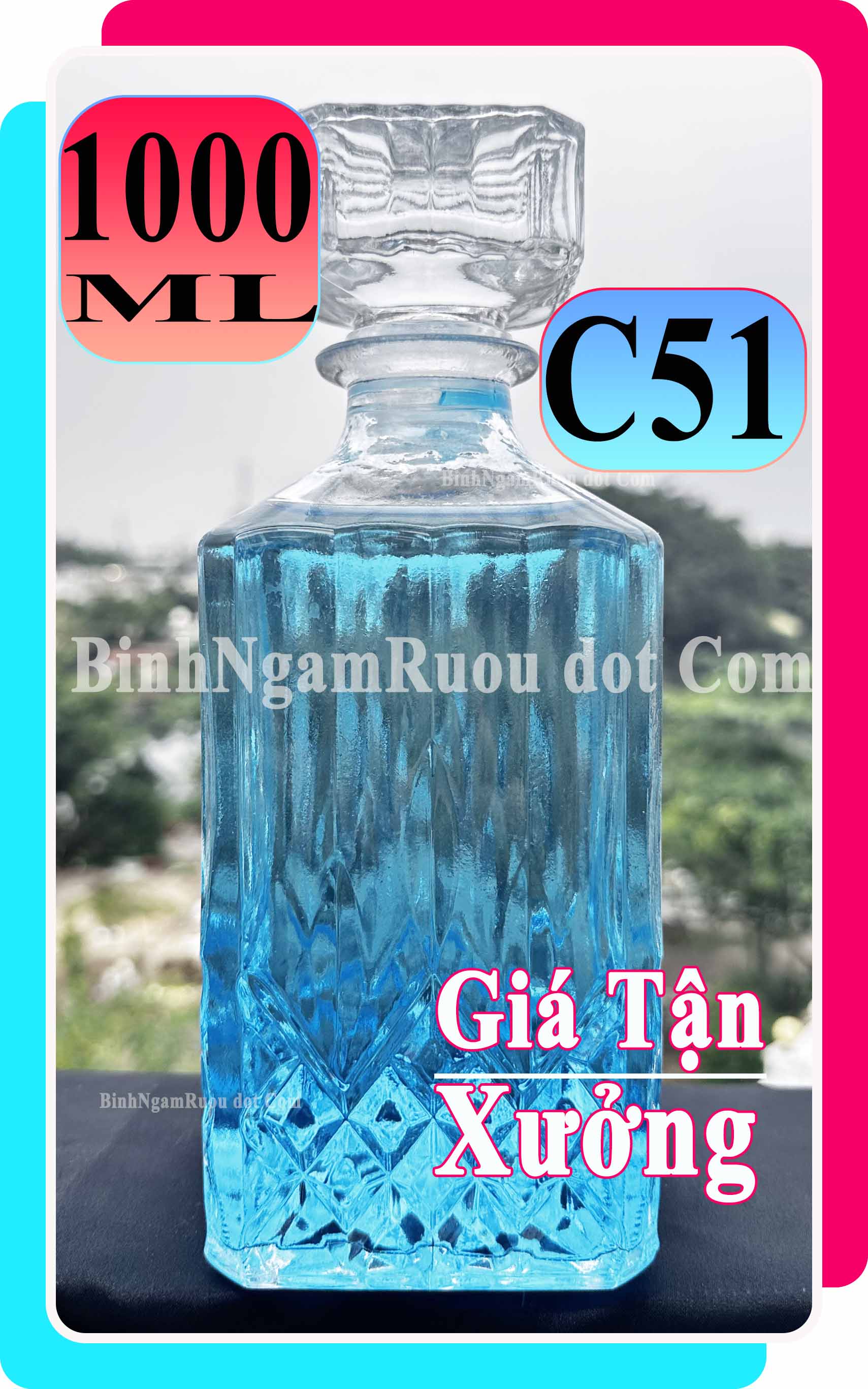 C51 Chai Đựng Rượu Thủy Tinh Dáng Trụ Vuông Nắp Thủy Tinh Sang Trọng - Cao Cấp 1000ml - Đẹp Cao Cấp - Nắp Kín Thủy Tinh Trong - Quà Biếu Sang Trọng