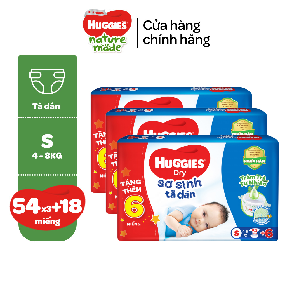 [Tặng thêm miếng] Thùng 3 gói Tã dán sơ sinh Huggies Tràm Trà NB70/S54/S80