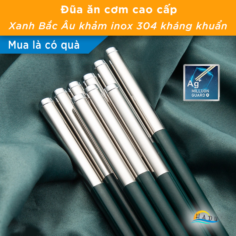 [10 Đôi] Đũa Ăn Cơm Cao Cấp Kiểu Nhật Bản Kháng Khuẩn Chịu Nhiệt Sợi Thủy Tinh Khảm Inox Màu Xanh Bắc Âu HADU