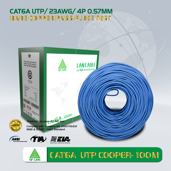 Cáp Mạng VP-LINK Cat 6A UTP 100M/305M Lõi Chữ Thập, Dây Cáp Xanh, Tốc độ đường truyền 10Gbps/90m - Hàng Chính Hãng