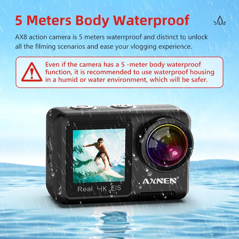 Camera hành động chống nước AXNEN 4K, Camera thể thao quay video chống rung EIS, có màn hình cảm ứng, Camera hành động màn hình kép, Webcam