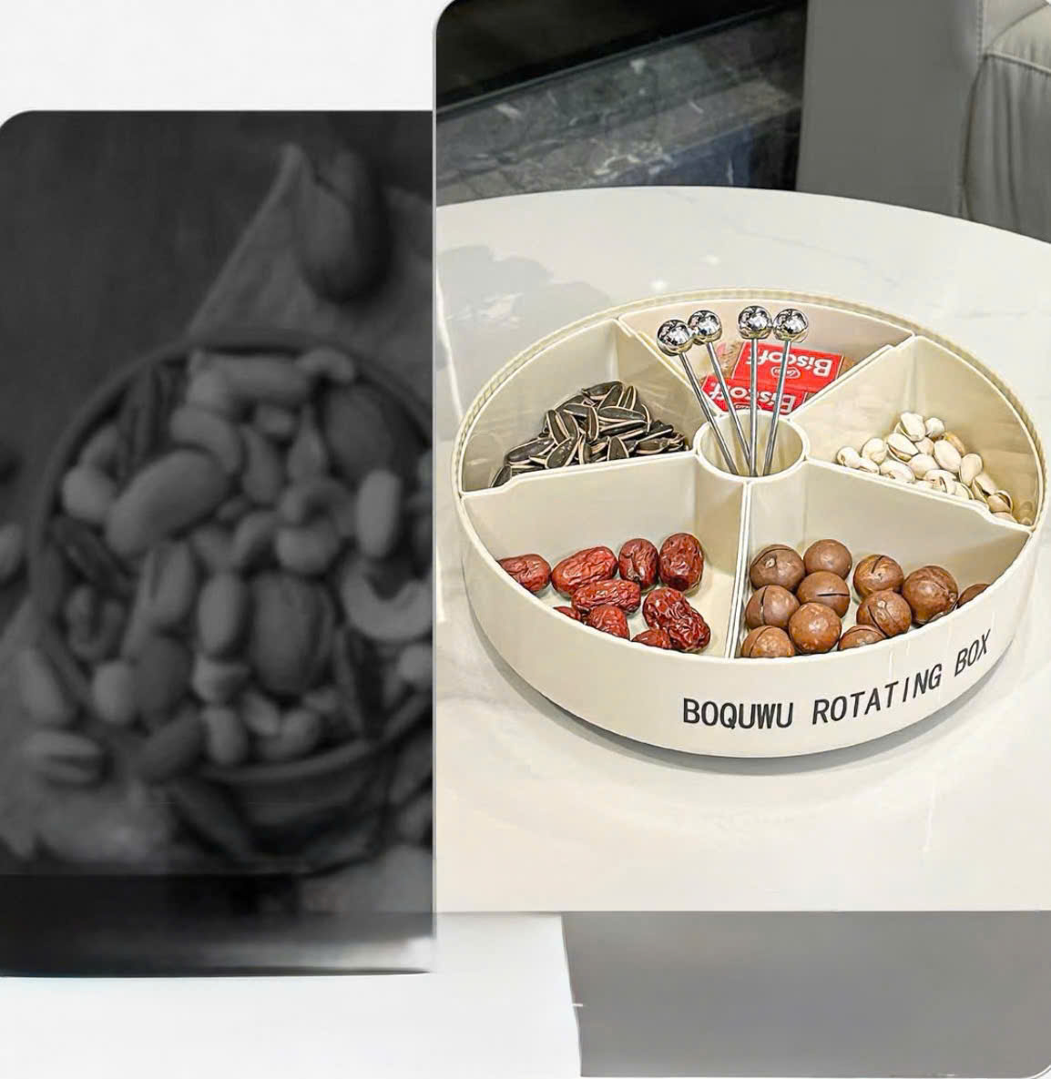 Khay Đựng Bánh Kẹo Mứt Tết 6 Ngăn Xoay 360° Nắp Trong Suốt – Hộp Đựng Kẹo Quay Tròn Decor Gấu Cao Cấp - HÀNG CHÍNH HÃNG MINIIN