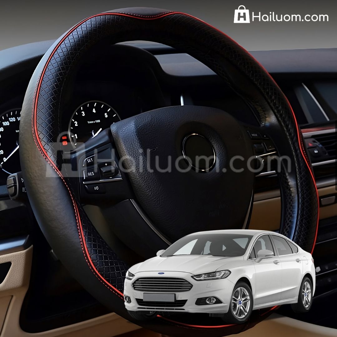 Bọc Vô Lăng ô tô cho FORD MONDEO Da Thật Cao Cấp - Màu Đen Chỉ Đỏ