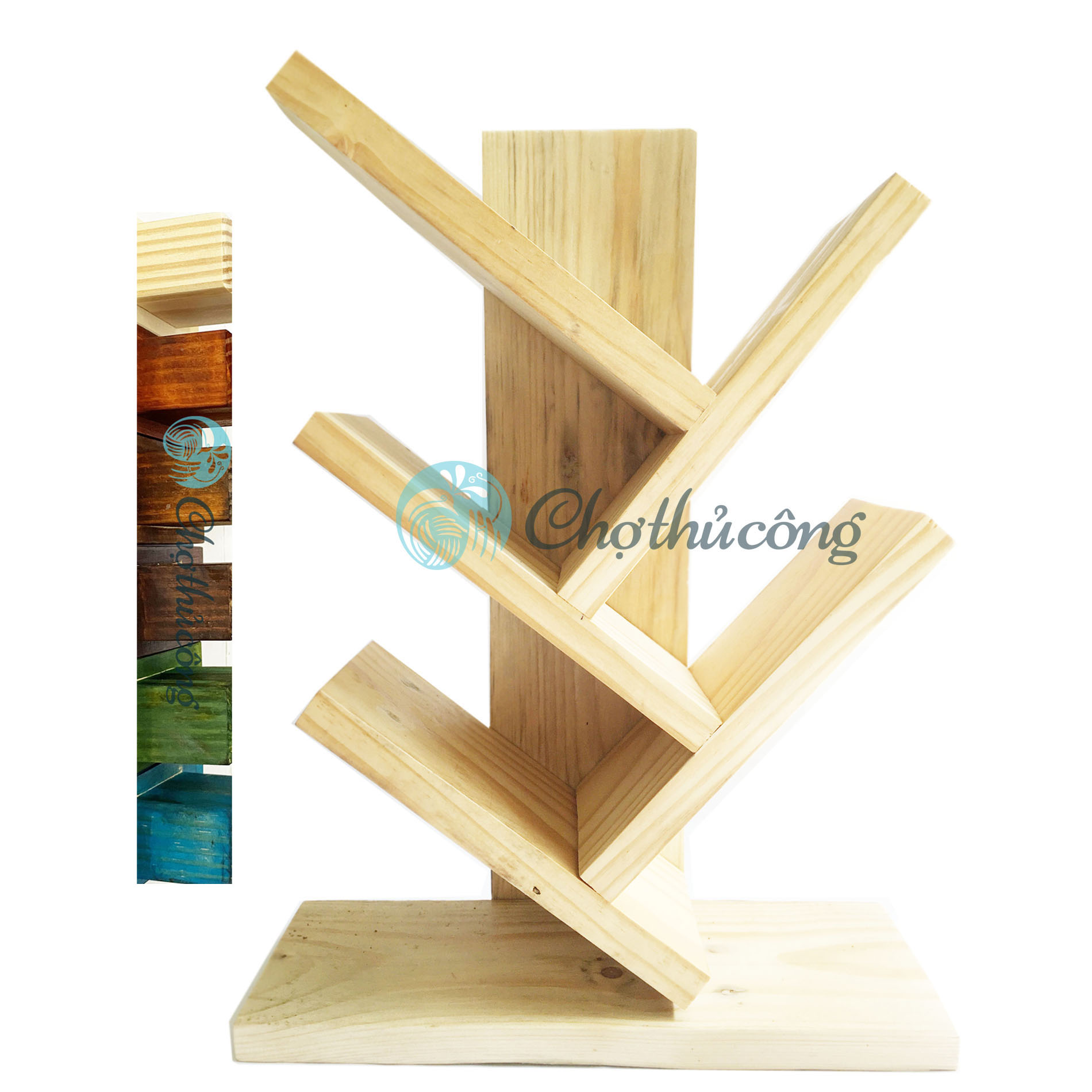 Giá sách để bàn - Kệ sách gỗ thông xương cá - Kệ sách để bàn học, bàn làm việc size S KT 35x20x14cm