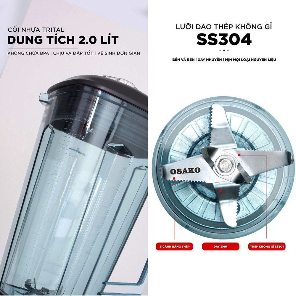 Máy xay sinh tố công nghiệp 1700W Osako OS-1723 cối nhựa kháng vỡ 2L, xay sinh tố không bị quá tải - Hàng chính hãng
