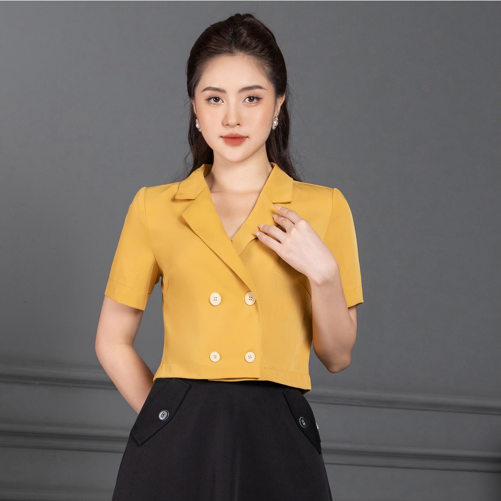 Áo sơ mi nữ cổ vest 4 cúc croptop ngắn tay thời trang thiết kế UK Fashion vải Hàn không nhăn màu tím, vàng NKSM2206009