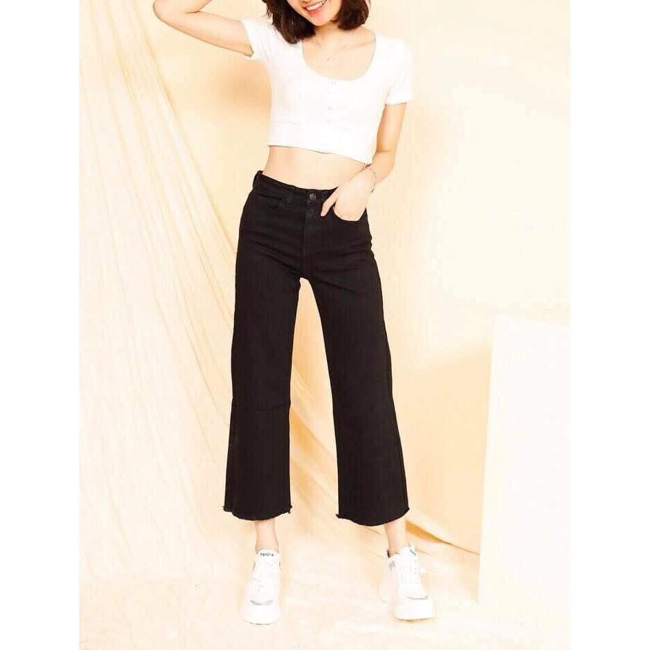 Quần jeans nữ ống rộng 9 tấc đen