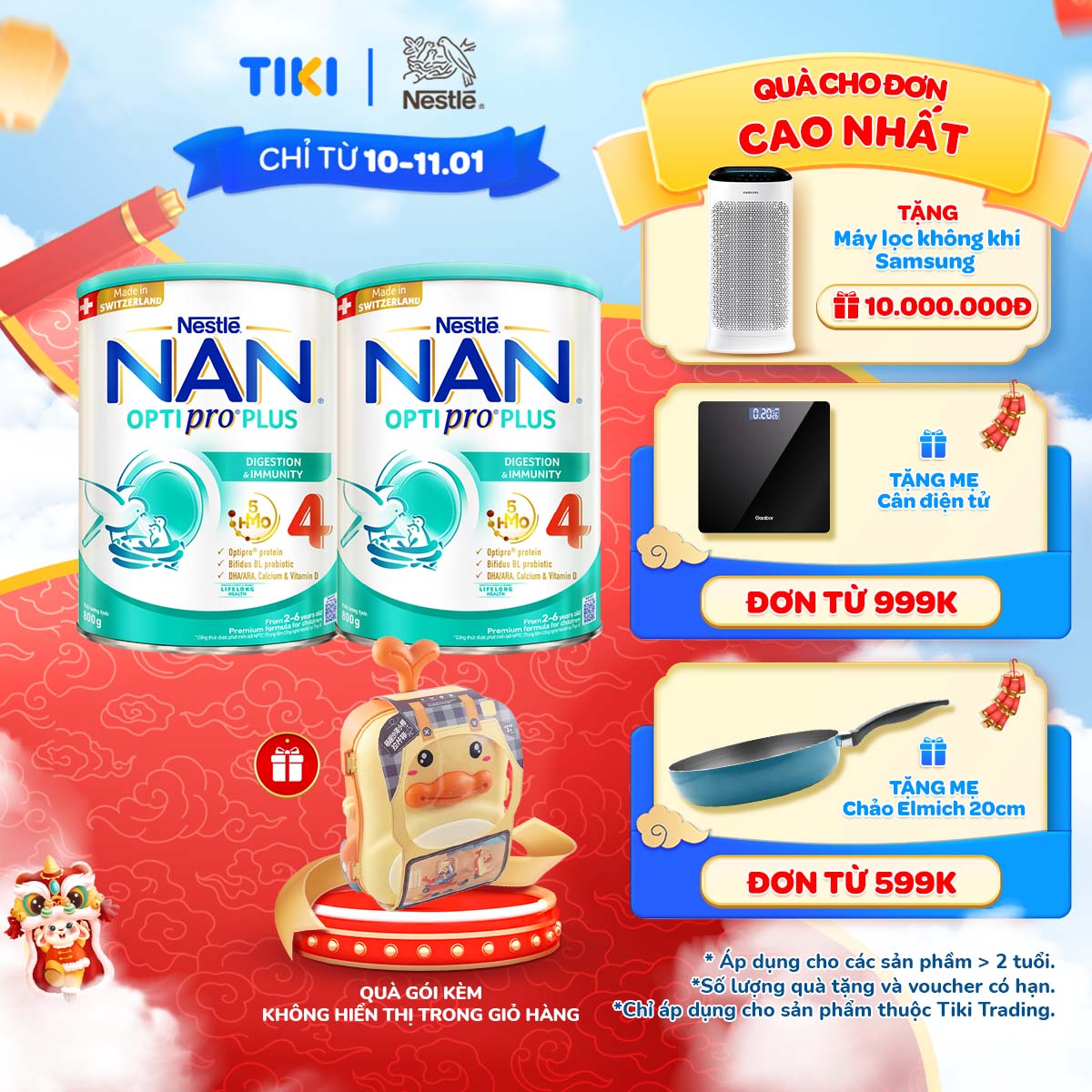 [Tặng Vali xúc cát] Combo 2 lon Sữa bột NAN OPTIPRO PLUS 4 Nestle Bé 2-6 tuổi 800g/lon Giúp tiêu hóa tốt