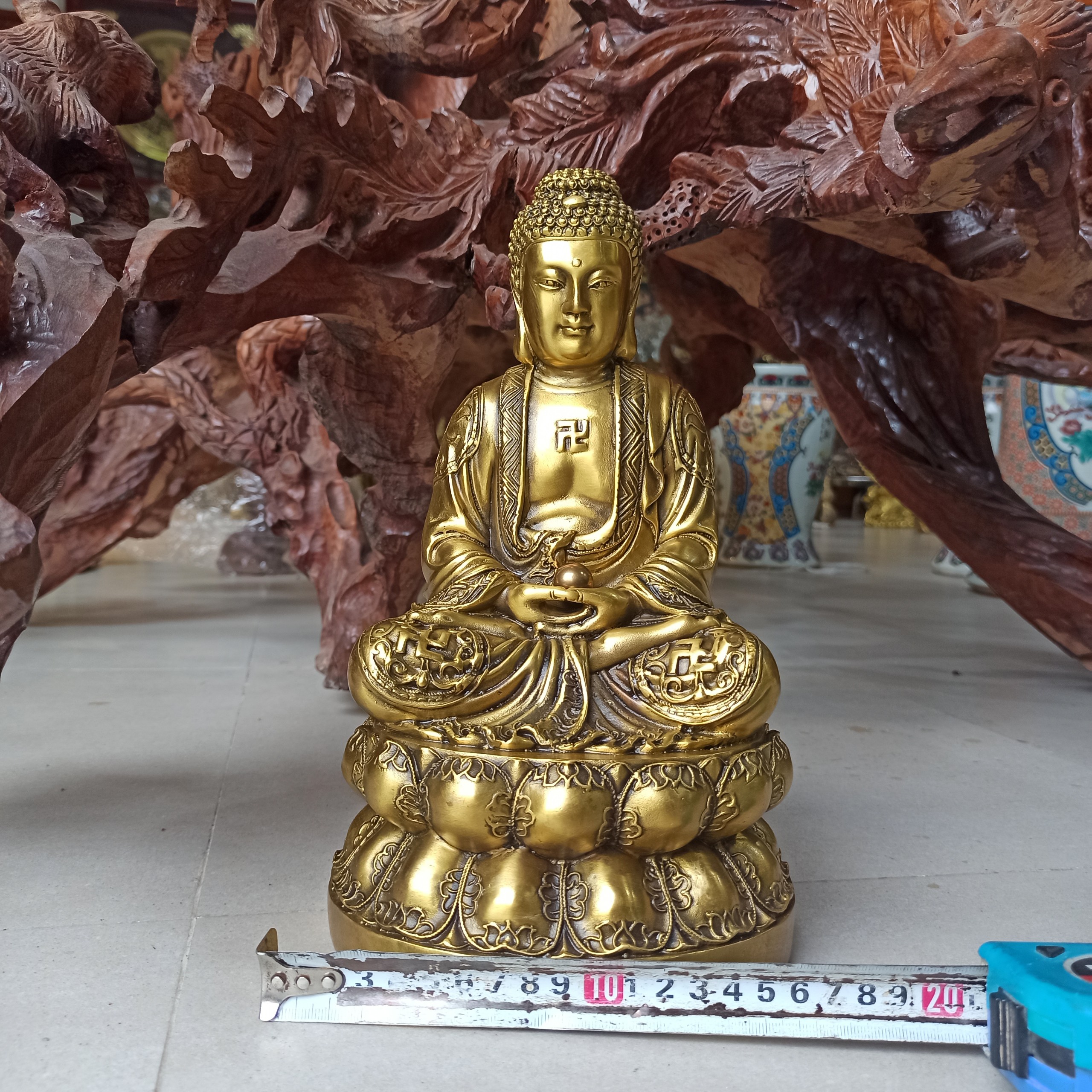 Tượng Phật Adida 29cm Toạ Đài Sen bằng Đồng Vàng, Tượng Adida Phật Bằng Đồng
