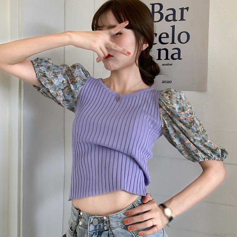 Áo Thun Dệt Kim Tay Ngắn Cổ Tròn Hoạ Tiết Hoa Cho Phái Nữ