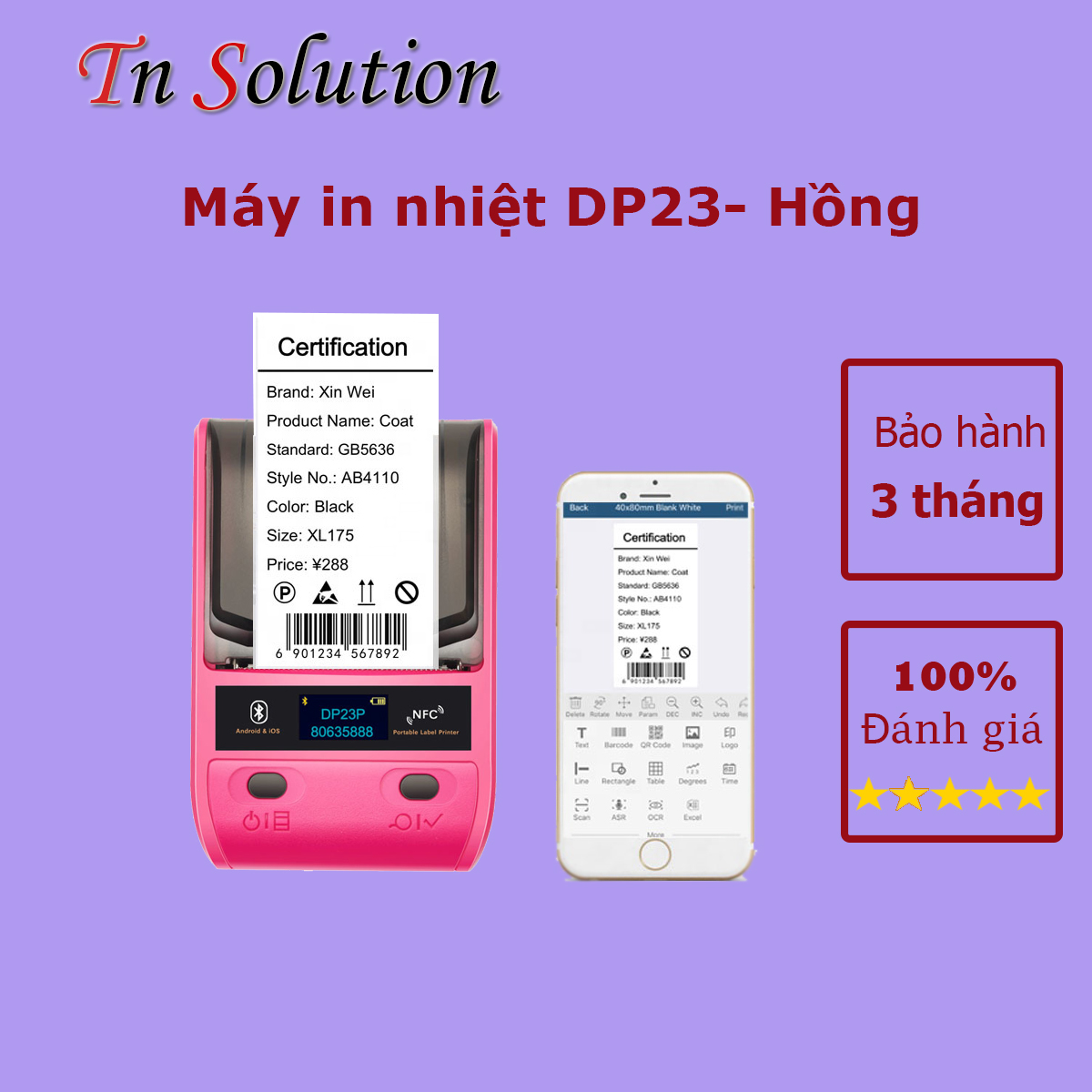 Máy in nhiệt DP23 in bill, tem nhãn mã vạch cầm tay bluetooth - hỗ trợ nhiều mẫu cho điện thoại