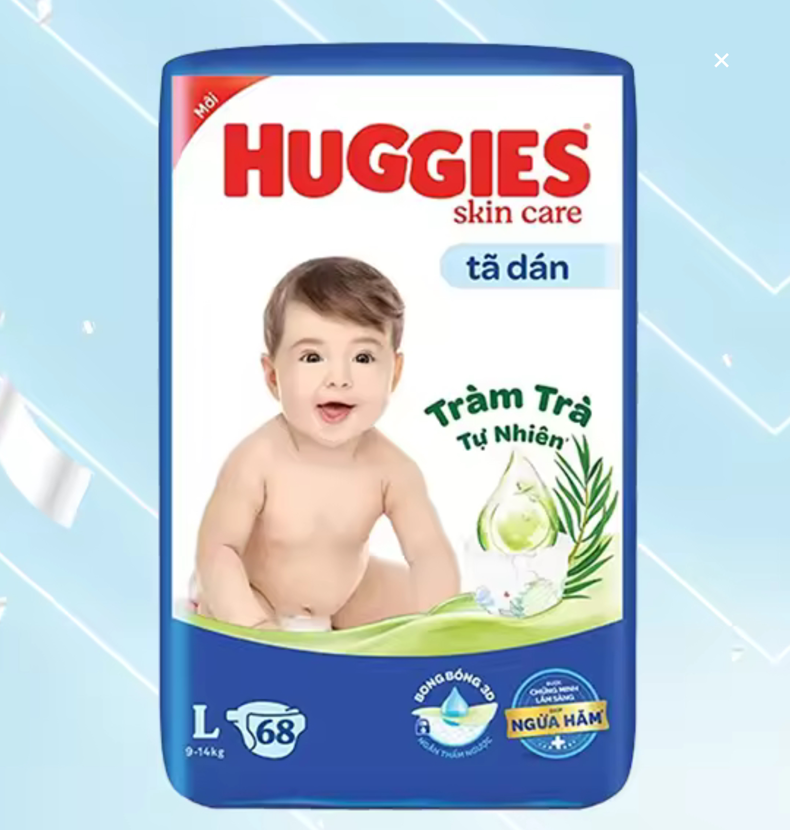 Tã dán Huggies L68 Skin Care Tràm Trà Tự Nhiên Ngừa Hăm- Date luôn mới