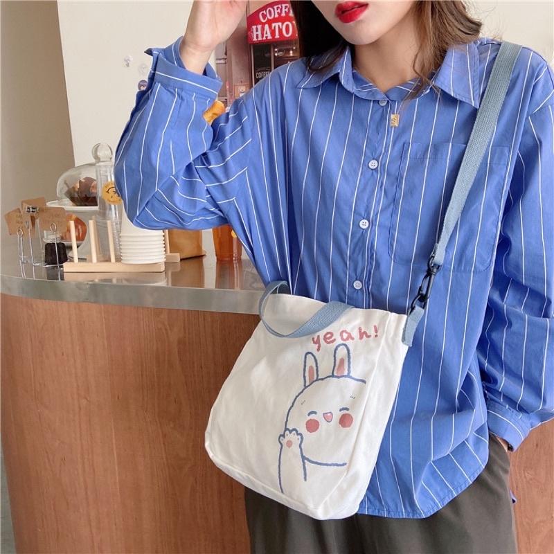 Túi Tote Túi Vải Canvas đeo vai YeahHappy siêu cute mang được 2 kiểu tiện lợi có dây kéo và ngăn phụ