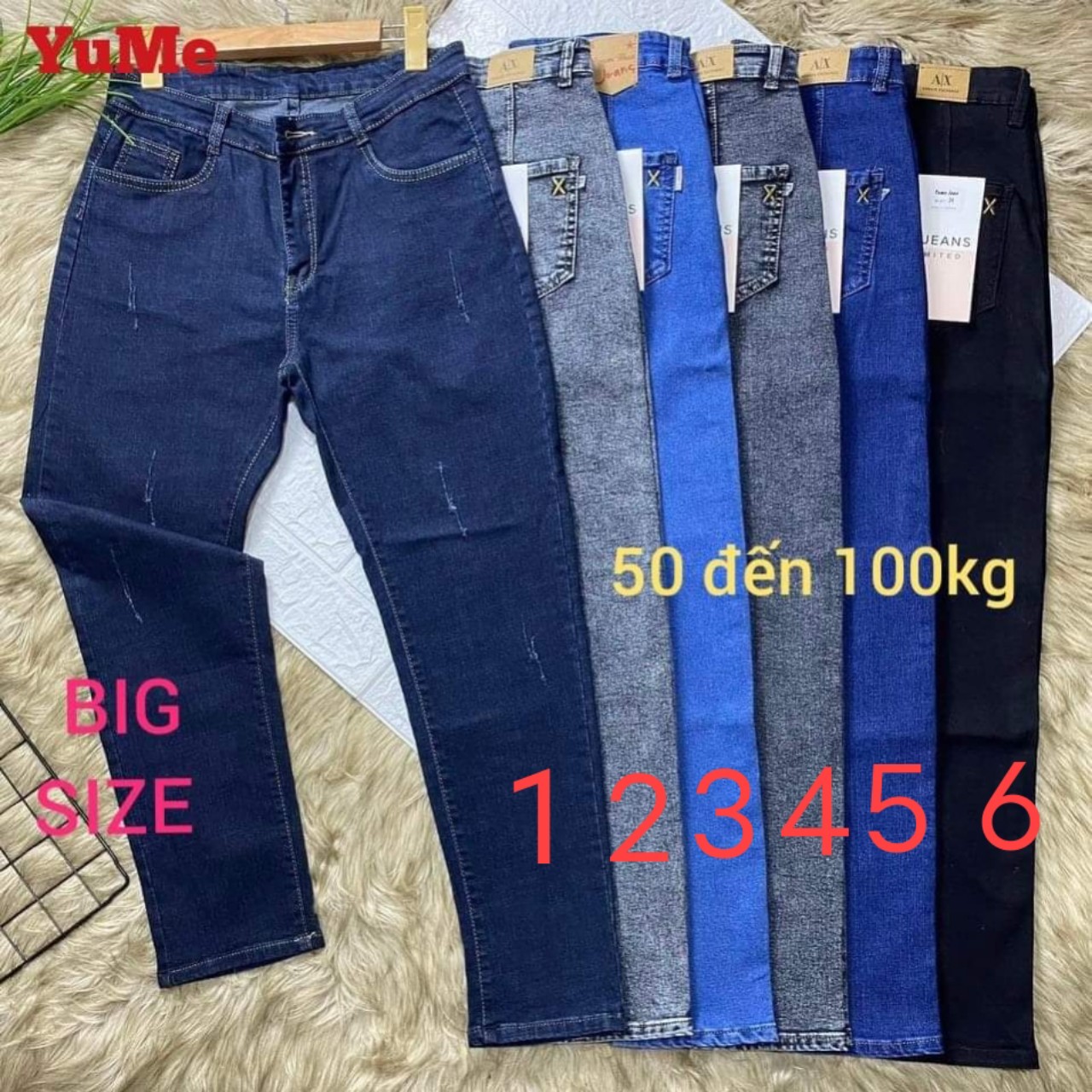 Quần jean dài lưng cao có size 26-44. Vải dày và co giãn.