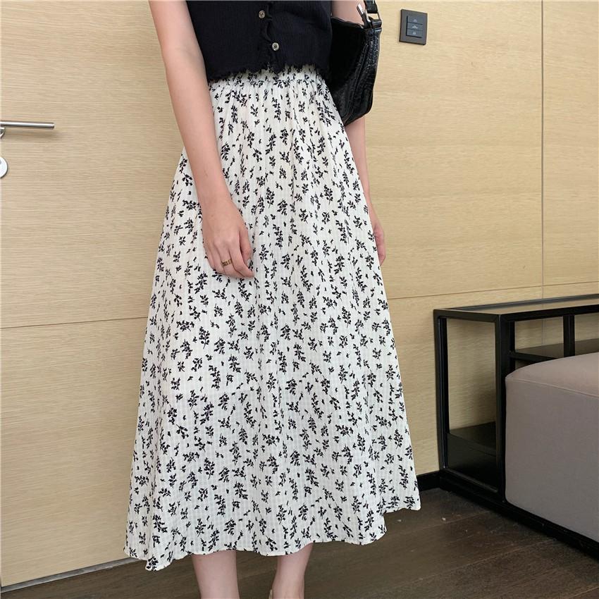 Chân váy hoa Vintage chiffon hàng loại đẹp dày dặn 2 lớp-Chân váy hoa nhí dáng dài Okella CV008 (có ảnh thật shop chụp)