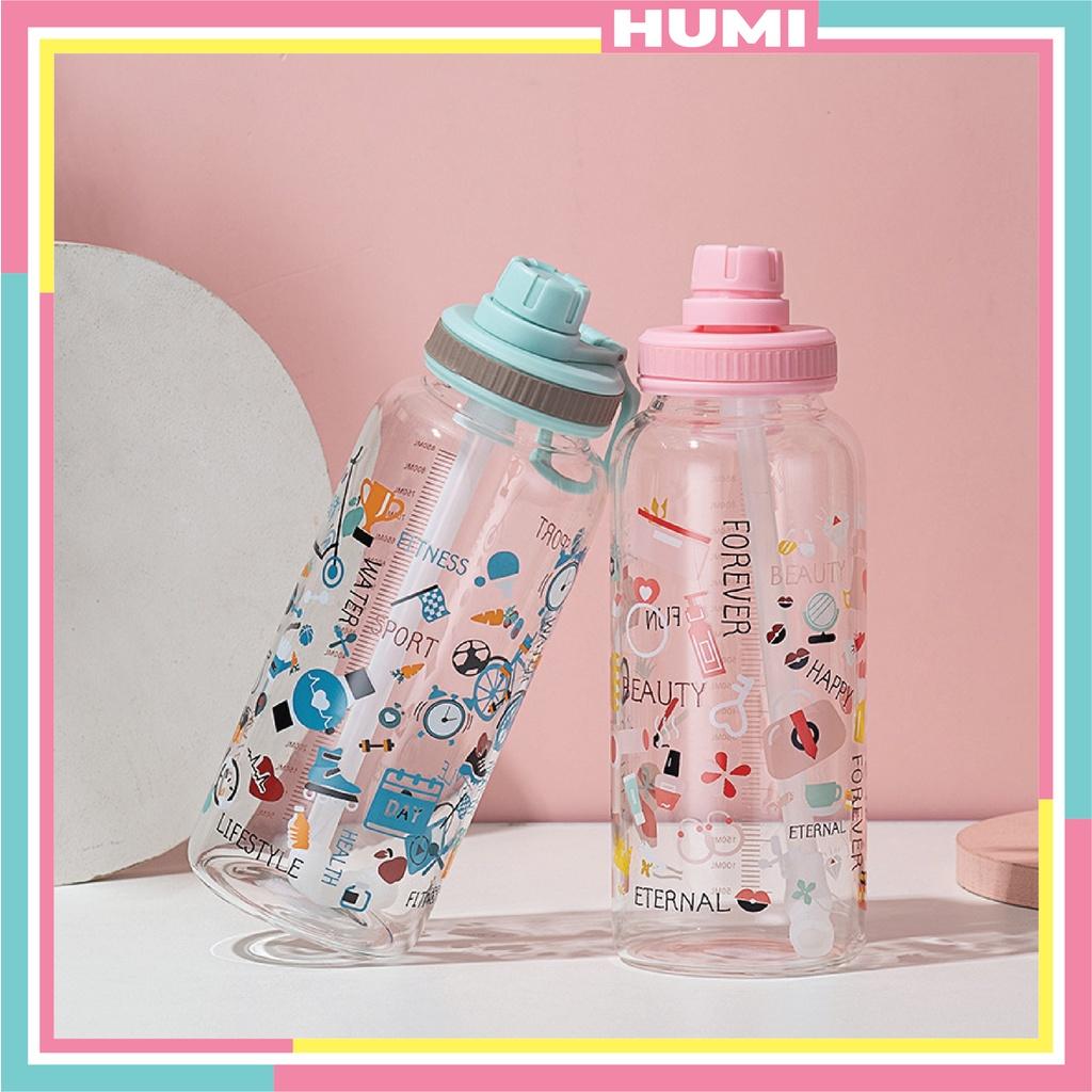 Bình Đựng Nước Thủy Tinh Hàn Quốc Cute Decor Nắp Vặn Có Ống Hút 450 ml - HUMI