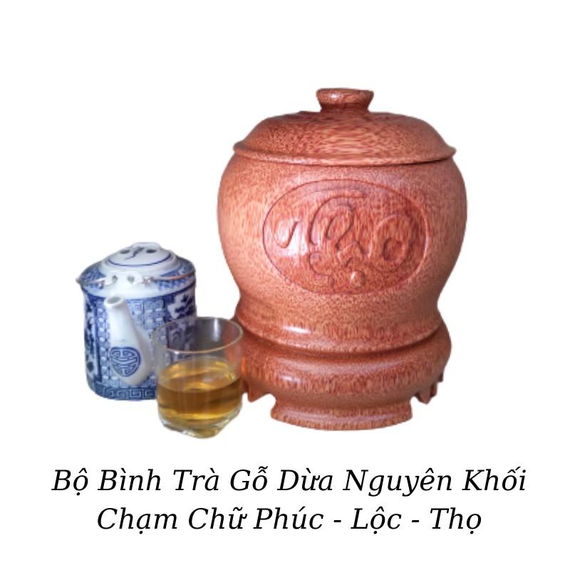 Bộ Bình Trà Gỗ Dừa Nguyên Khối Chân Đế Liền Chạm Tam Đa "Phúc - Lộc - Thọ" - Bình Trà 700 - 1200ml