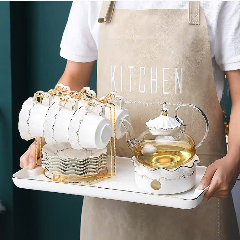 BỘ ẤM CHÉN SỨ XƯƠNG KIỂU ÂU TẶNG KÈM KHAY