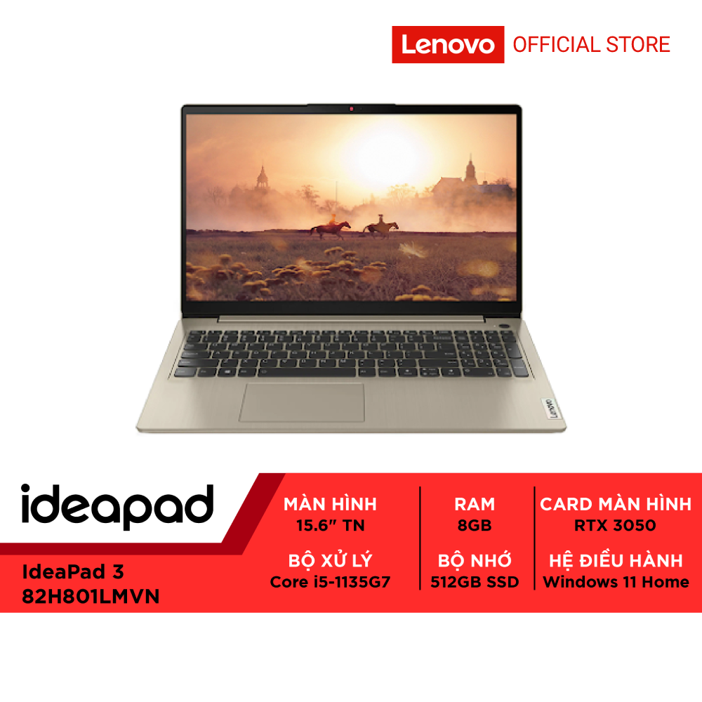 Laptop Lenovo IdeaPad 3 82H801LMVN i5-1135G7|8GB|512GB|Intel Iris Xe|15.6&quot;| WIN 11 - Hàng chính hãng