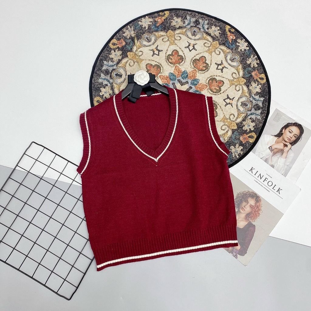 Áo gile len trơn viền phối nhiều kiểu vintage
