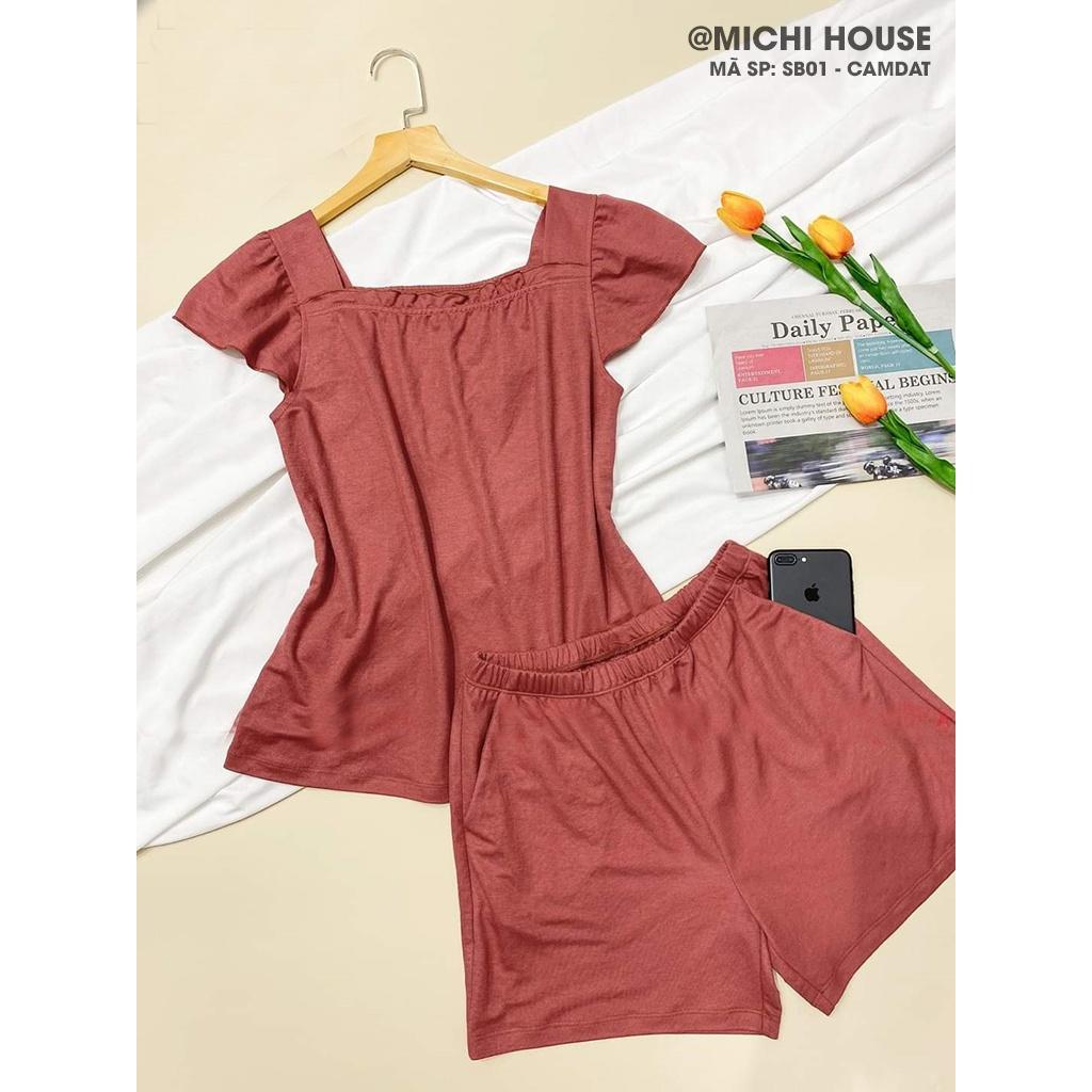 Combo 2 Bộ Mặc Nhà Nữ Cổ Vuông Chất Cotton Nhật Mềm Mại, Set Đồ Bộ Nữ Đồ Ngủ Mặc Nhà Cardina , SB01 - Michi House
