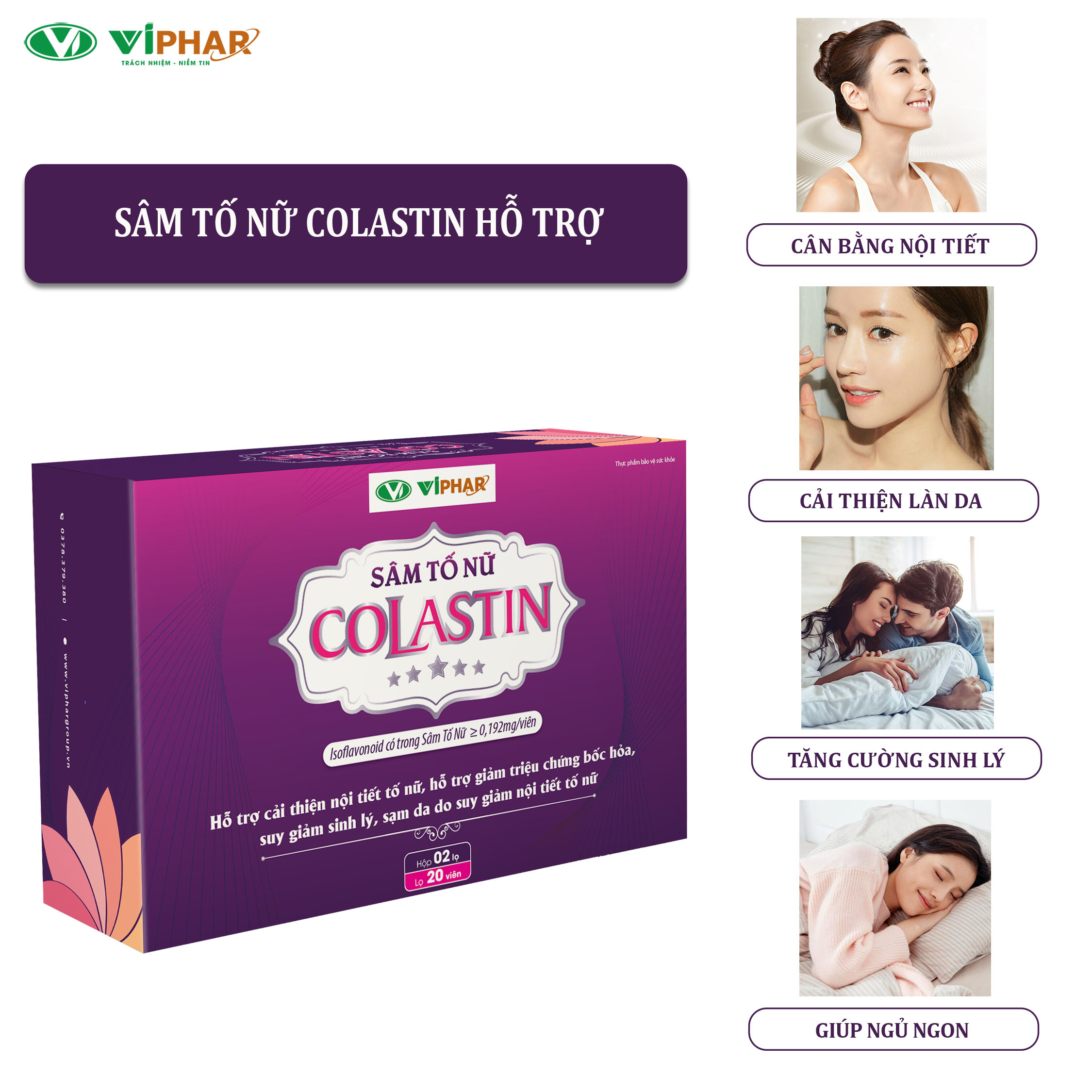 Viên Uống Sâm Tố Nữ COLASTIN Cải Thiện Nội Tiết Tố Nữ, Giảm Bốc Hoả, Suy Giảm Sinh Lý, Sạm Da Do Suy Giảm Nội Tiết, Hộp 2 Lọ x Lọ 20 Viên