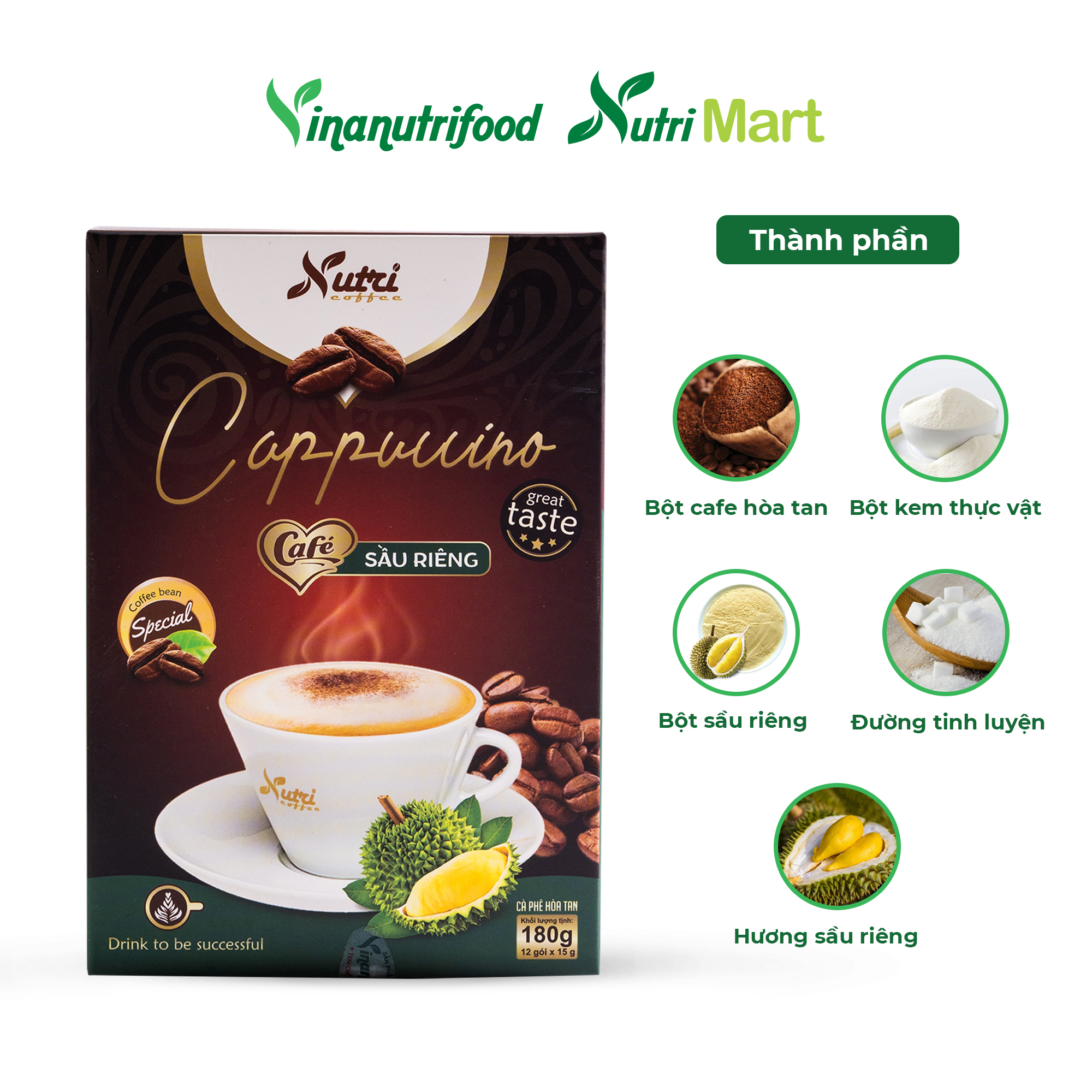 Cà phê capuchino sầu riêng Vinanutrifood C02, cafe sở hữu hương vị đặc trưng, thơm ngon hấp dẫn phù hợp mọi đối tượng, giúp giải tỏa căng thẳng, mệt mỏi, đảm bảo an toàn thực phẩm đáp ứng đầy đủ tiêu chuẩn GMP - WHO (15g x 12 gói)