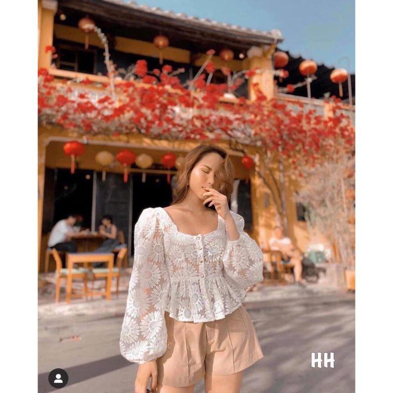 Áo kiểu, Áo ren, hoa nổi peplum tay bồng hai lớp hàng đẹp
