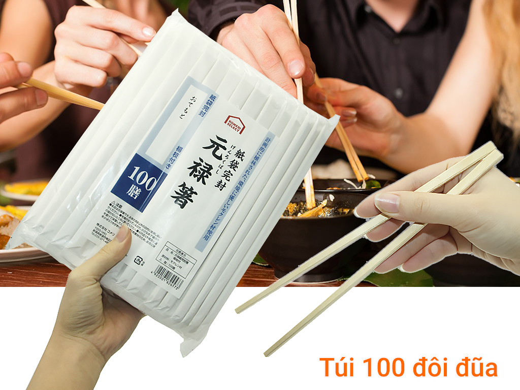 Túi 100 đôi đũa tách gỗ mỡ kèm tăm bao giấy trắng