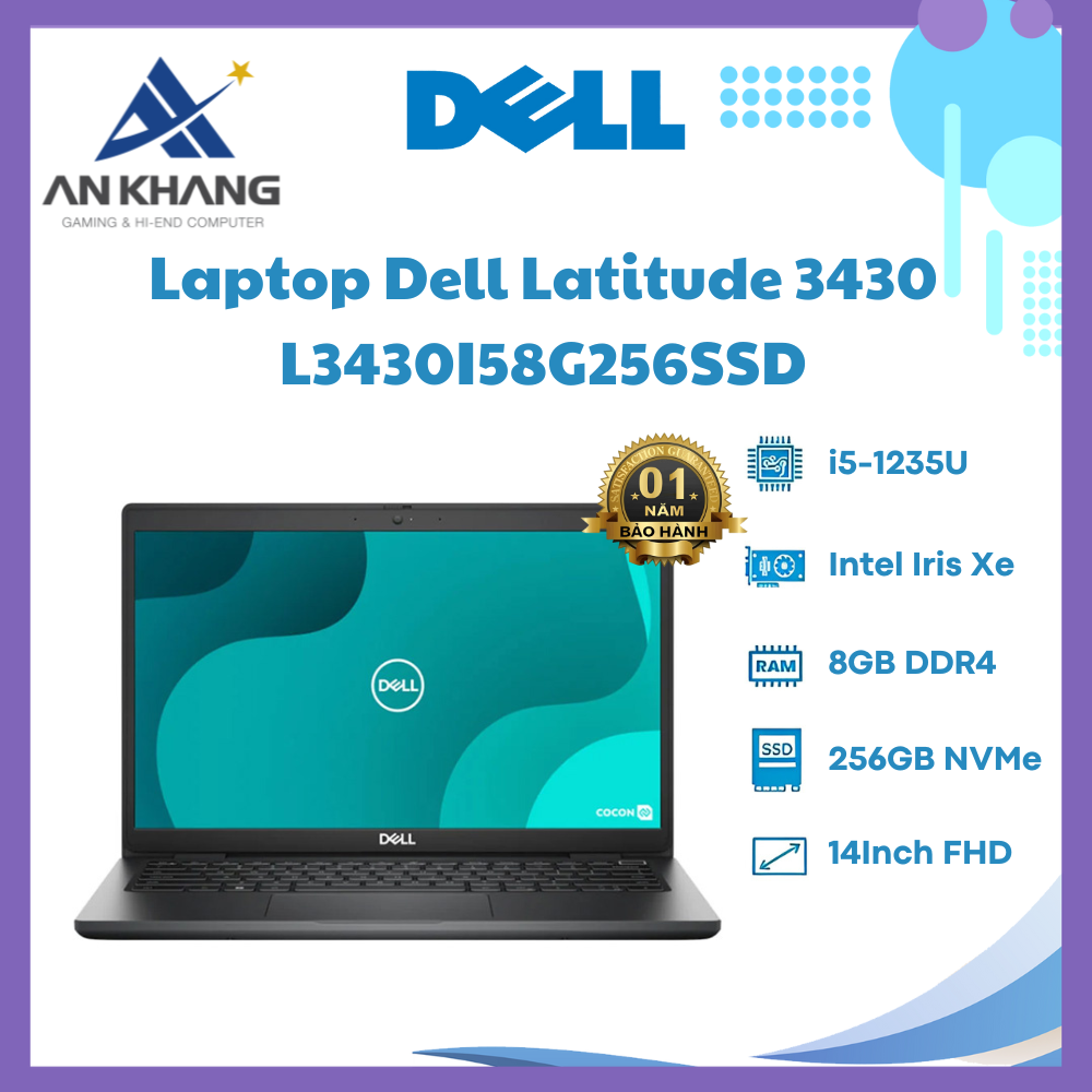 Laptop Dell Latitude 3430 L3430I58G256SSD ( Intel Core i5-1235U | 8GB | 256GB | 14 inch FHD | Intel Iris Xe | Ubuntu | Đen) - Hàng Chính Hãng - Bảo Hành 12 Tháng