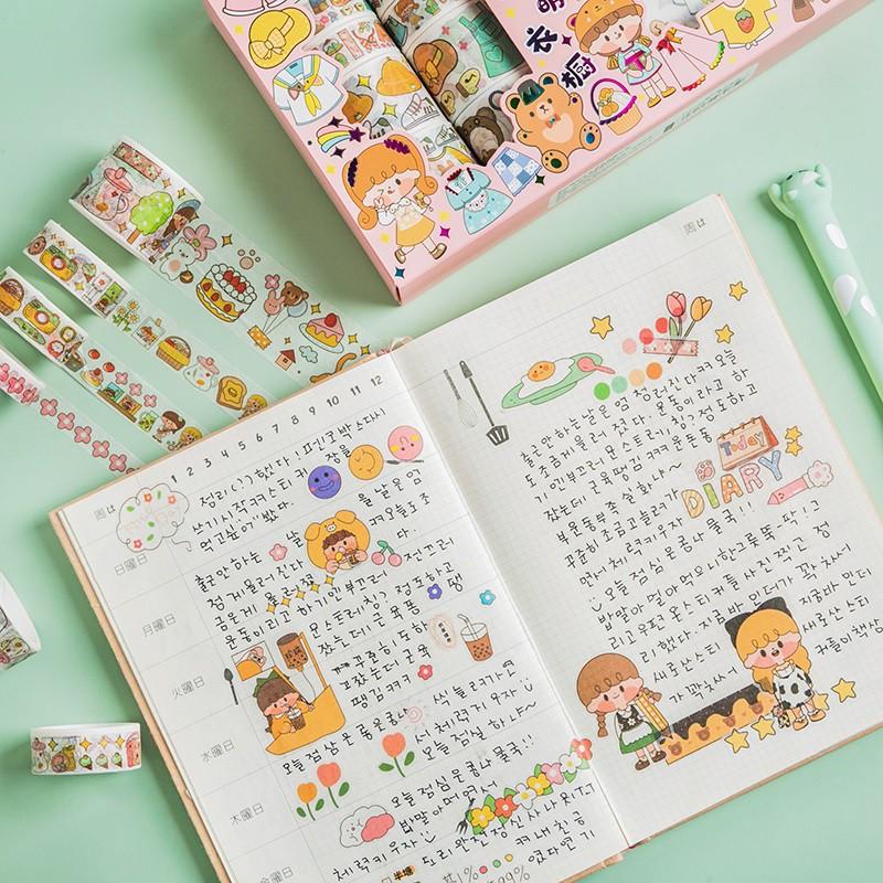 Hộp 10 Cuộn Washi Tape Dễ Thương và 10 Tờ Hình Dán Stickers Trang Trí Sổ Hoạt Hình Anime Xinh Xắn