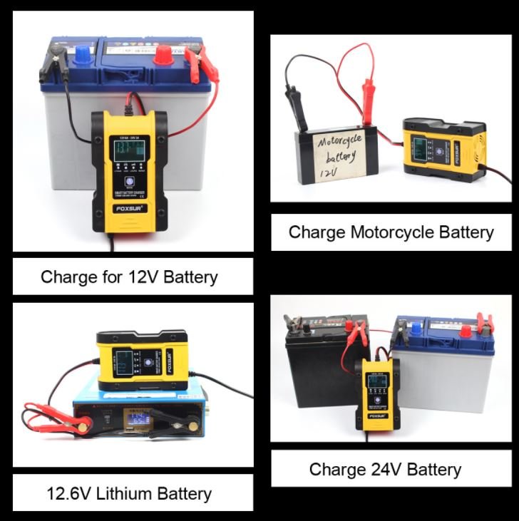 Sạc ắc quy Foxsur chính hãng 12V/6A, 24V/3A, 6aH-120ah chuyên sử dụng sạc đa dạng pin ( acquy moto, acquy oto, pin Lithium ion 18650, LiFePO4 pin sắt 32650 ) cỡ trung bình với 7 chế độ thông minh.