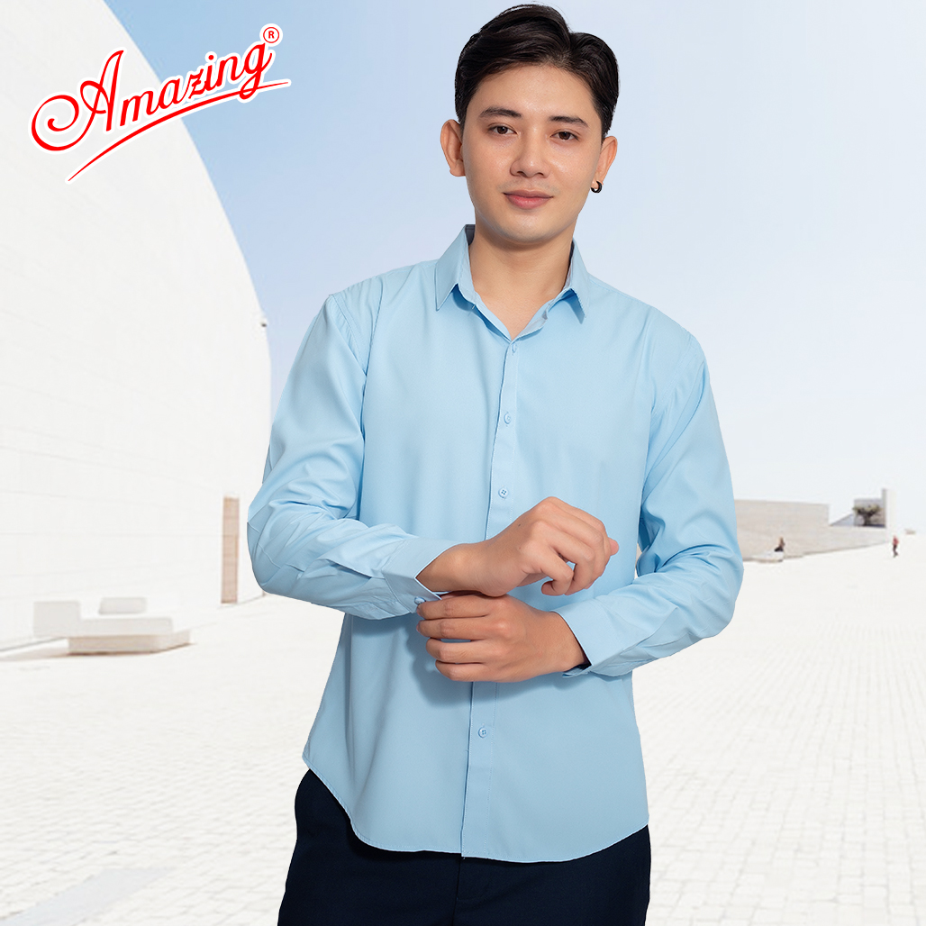 Áo sơ mi nam form body slim fit, phong cách Hàn, không túi, vải màu trơn Bamboo mượt mát, hiệu Amazing