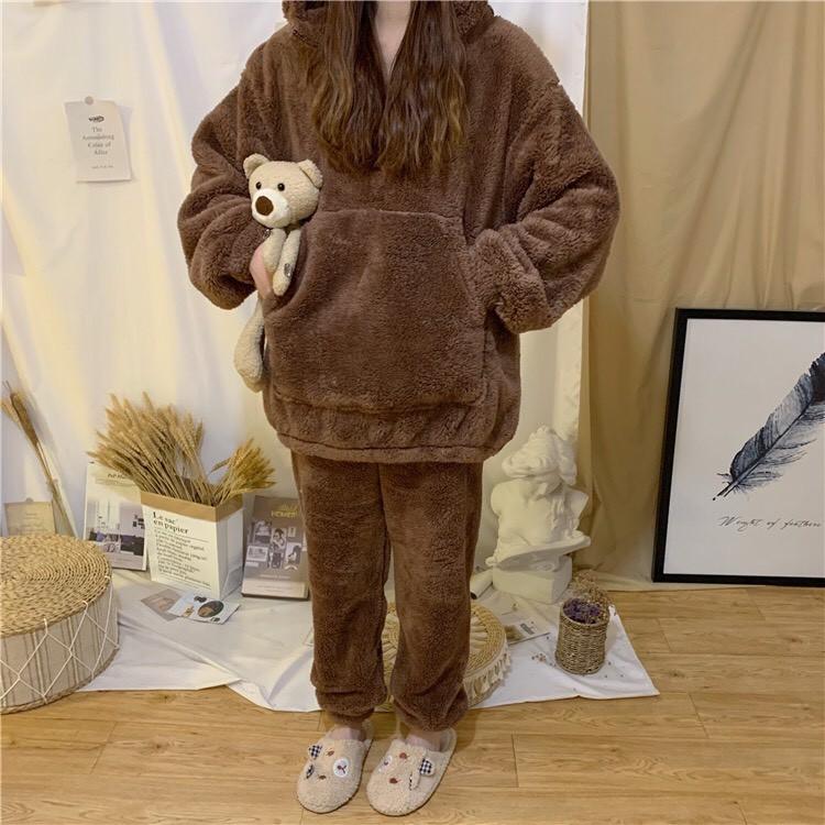 Set Nỉ Bông Cosplay Gấu Nữ - Rere.Store - Bộ quần dài dáng suông kèm áo hoodie tai gấu bánh bèo