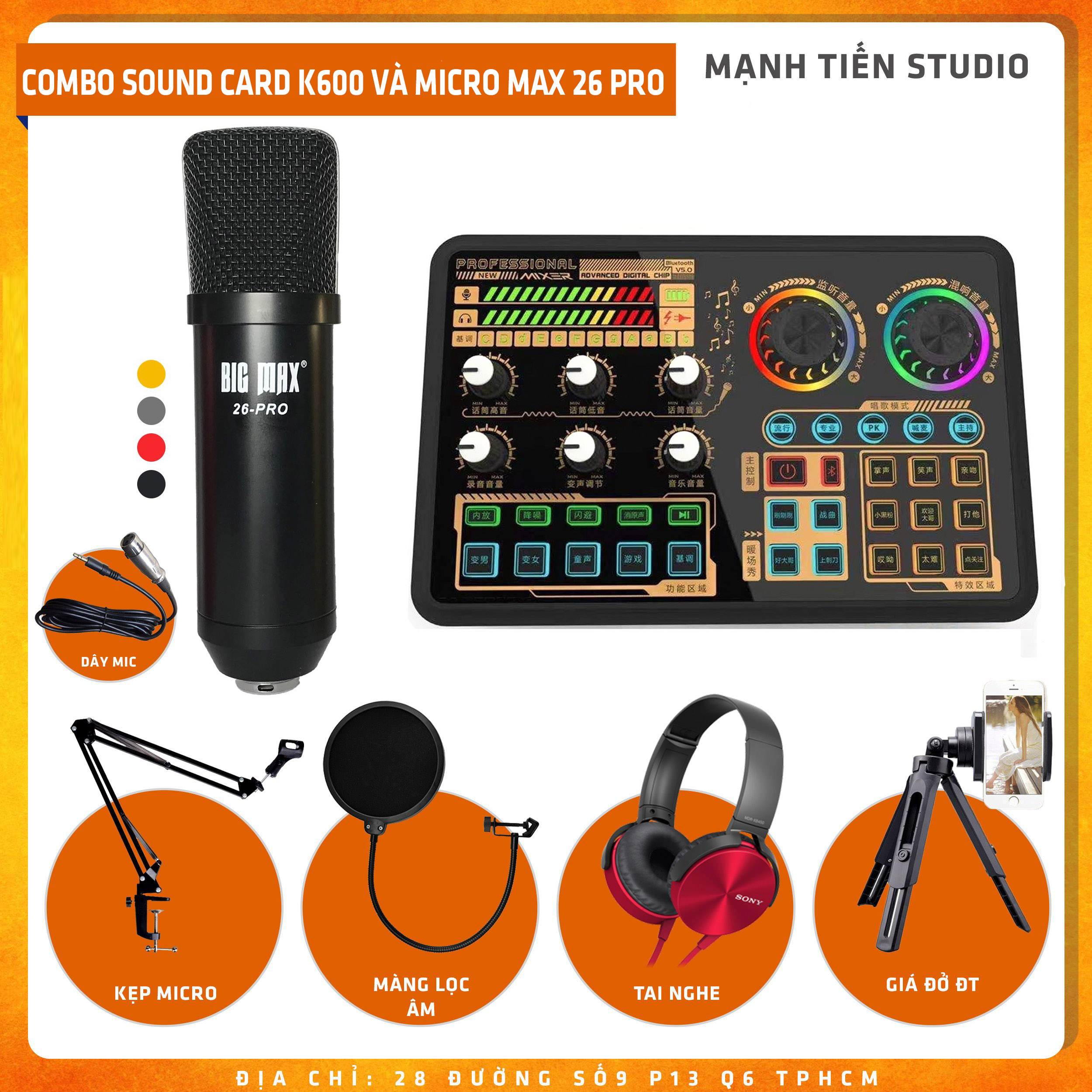 Bộ Combo livestream, thu âm Big Max 26 pro Sound card K600 - Kèm Full Phụ Kiện Kẹp Micro, Màng Lọc, Tai Nghe Chụp Tai, Giá Đỡ Đt - Thu Âm, Livestream, Karaoke Online Chuyên Nghiệp Trên Cả Điện Thoại Lẫn Máy Tính - Hàng nhập khẩu