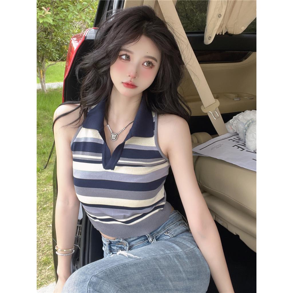 Áo len dệt kim Montoghi 3 LỖ CỔ ĐỨC Quảng Châu sọc ngang dáng ôm croptop cực xinh