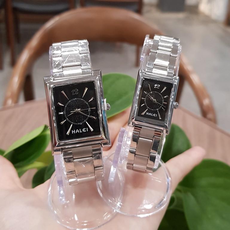 Đồng hồ cặp đôi nam nữ Halei mặt đen dây kim loại chính hãng Tony Watch 68