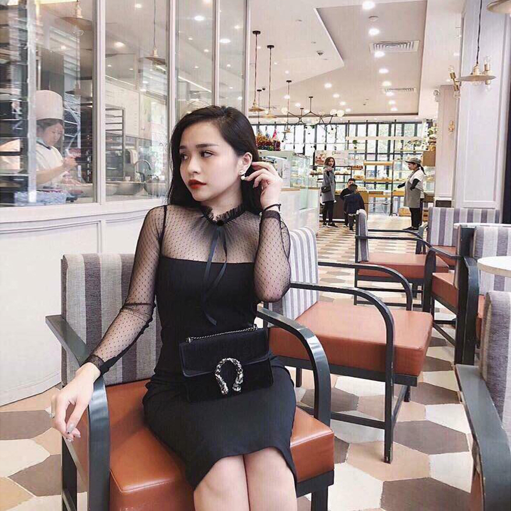 Đầm Ôm Phối Tay Lưới Bi Nơ Cổ